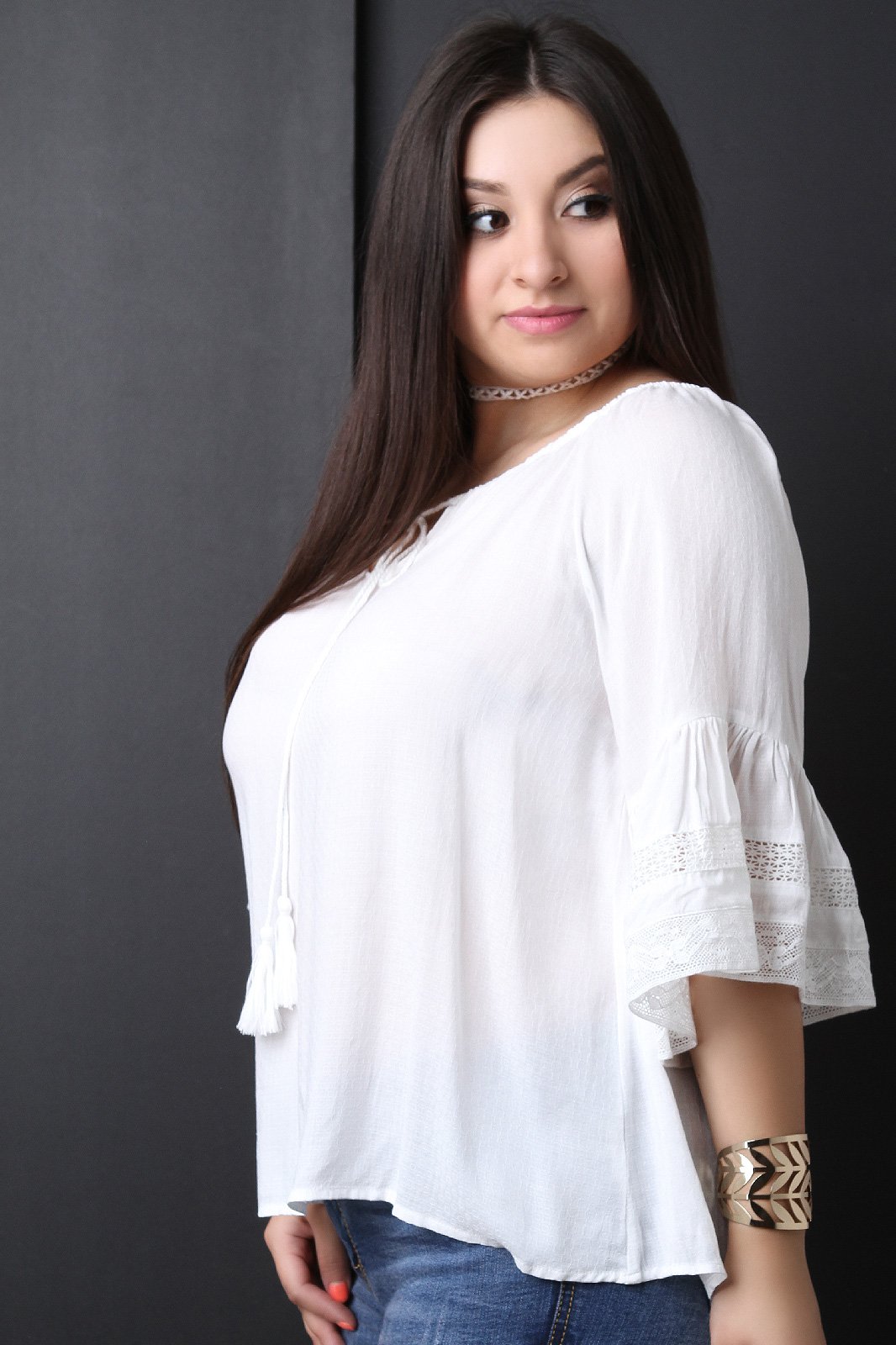 Textured Self-Tie Tassel Bell Sleeve Top