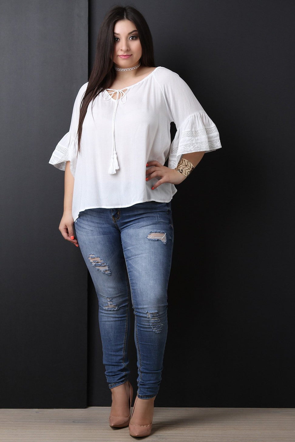 Textured Self-Tie Tassel Bell Sleeve Top