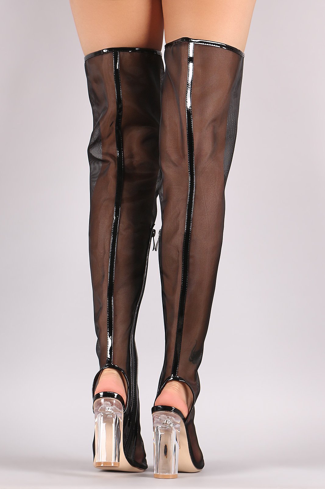 Mesh Peep Toe Chunky Clear Heeled Over-The-Knee Boots