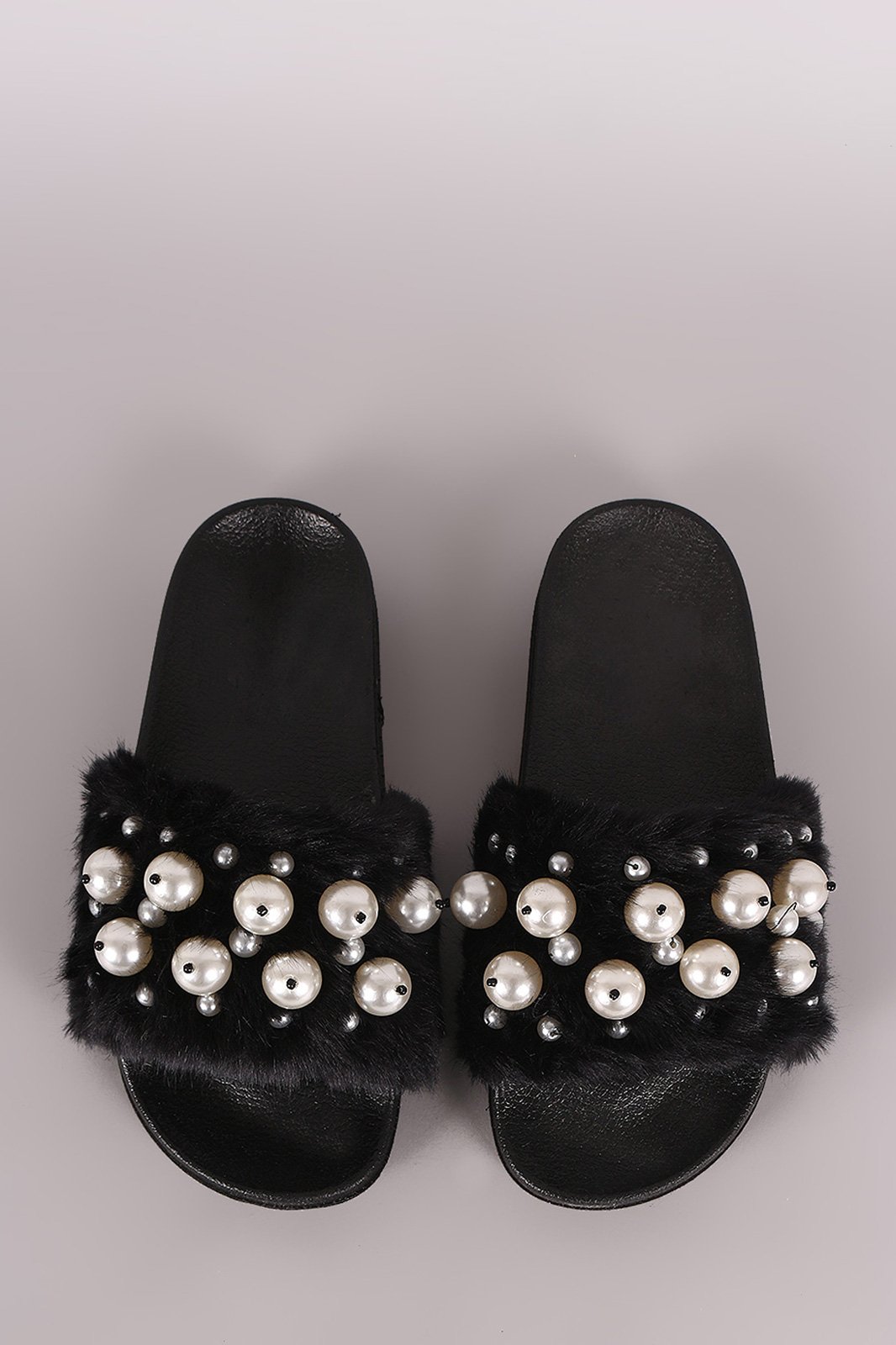 Faux Pearl Embellished Fur Slide Sandals - NoveltyOne