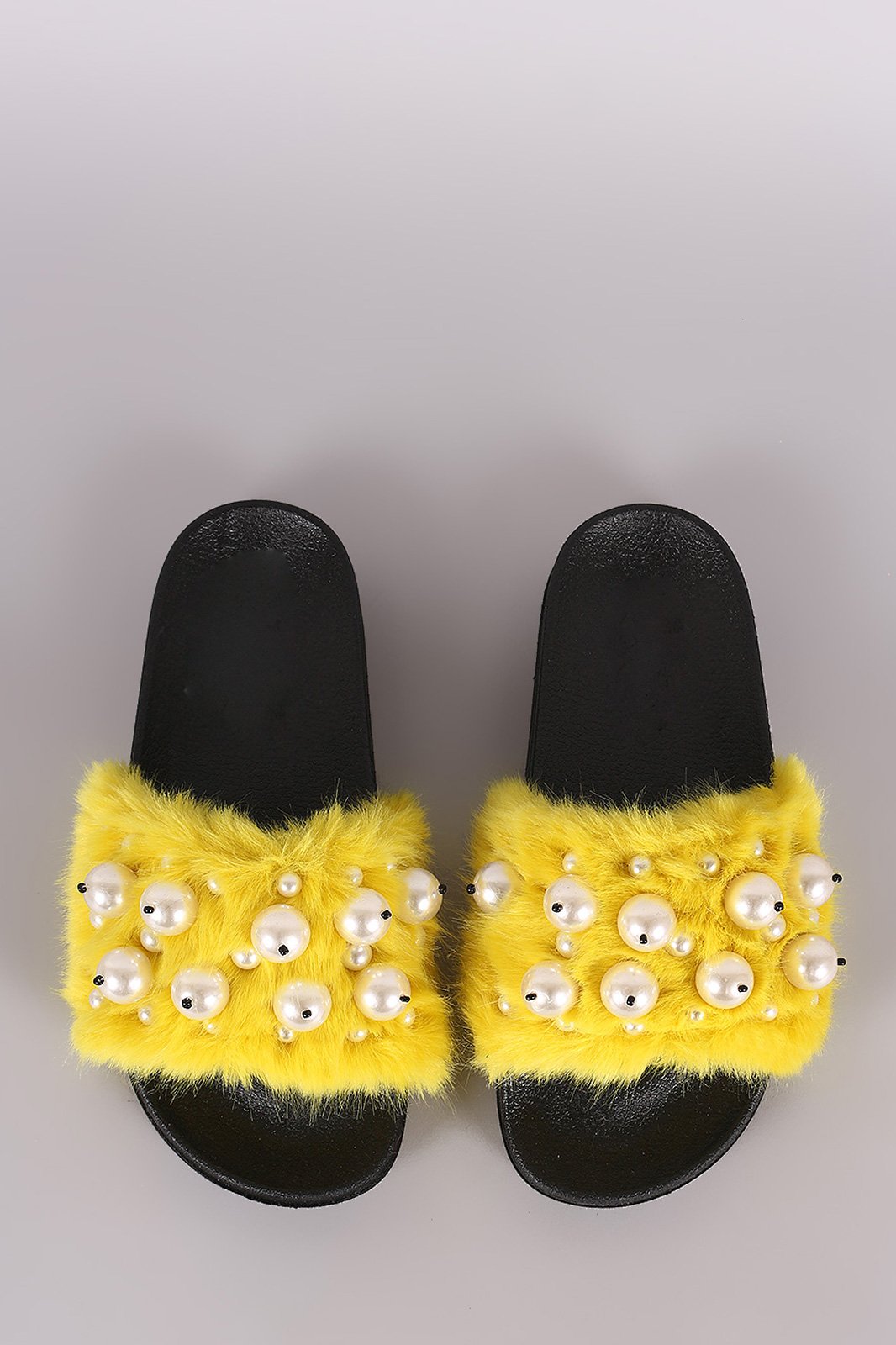 Faux Pearl Embellished Fur Slide Sandals - NoveltyOne
