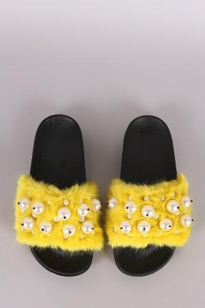 Faux Pearl Embellished Fur Slide Sandals - NoveltyOne