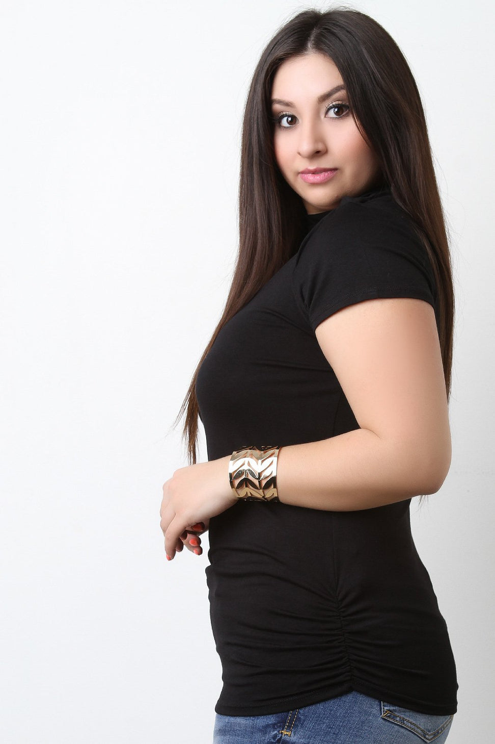 Keyhole Yoke Short Sleeves Ruched Top