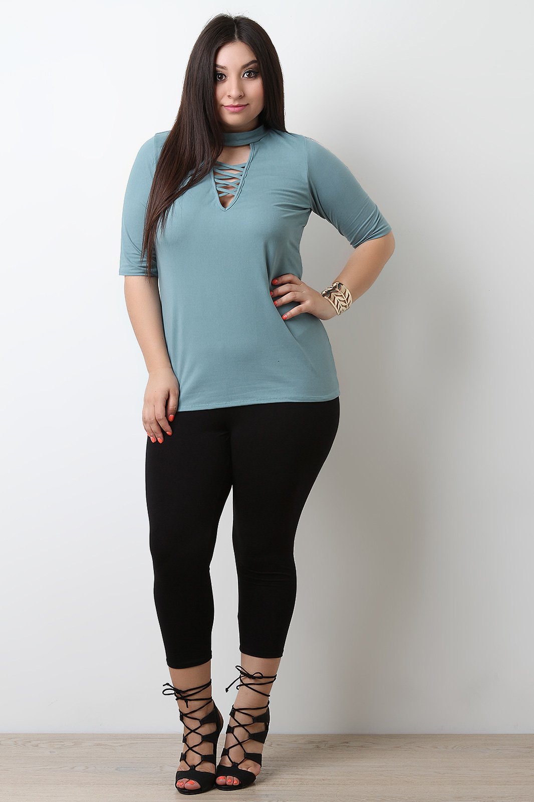 Mock Neck Crisscross Keyhole Elbow Sleeves Top - NoveltyOne