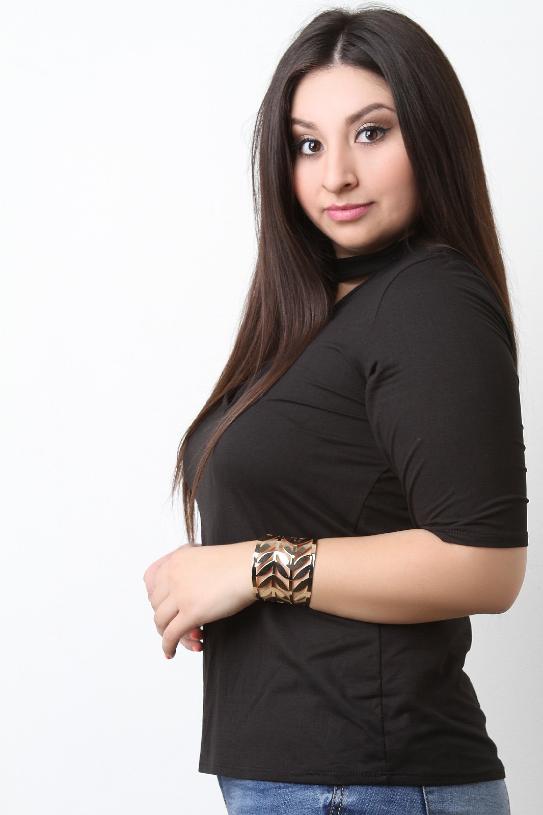 Mock Neck Crisscross Keyhole Elbow Sleeves Top - NoveltyOne