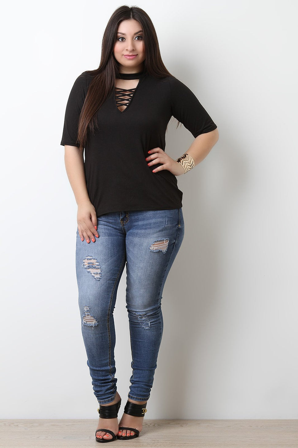 Mock Neck Crisscross Keyhole Elbow Sleeves Top - NoveltyOne