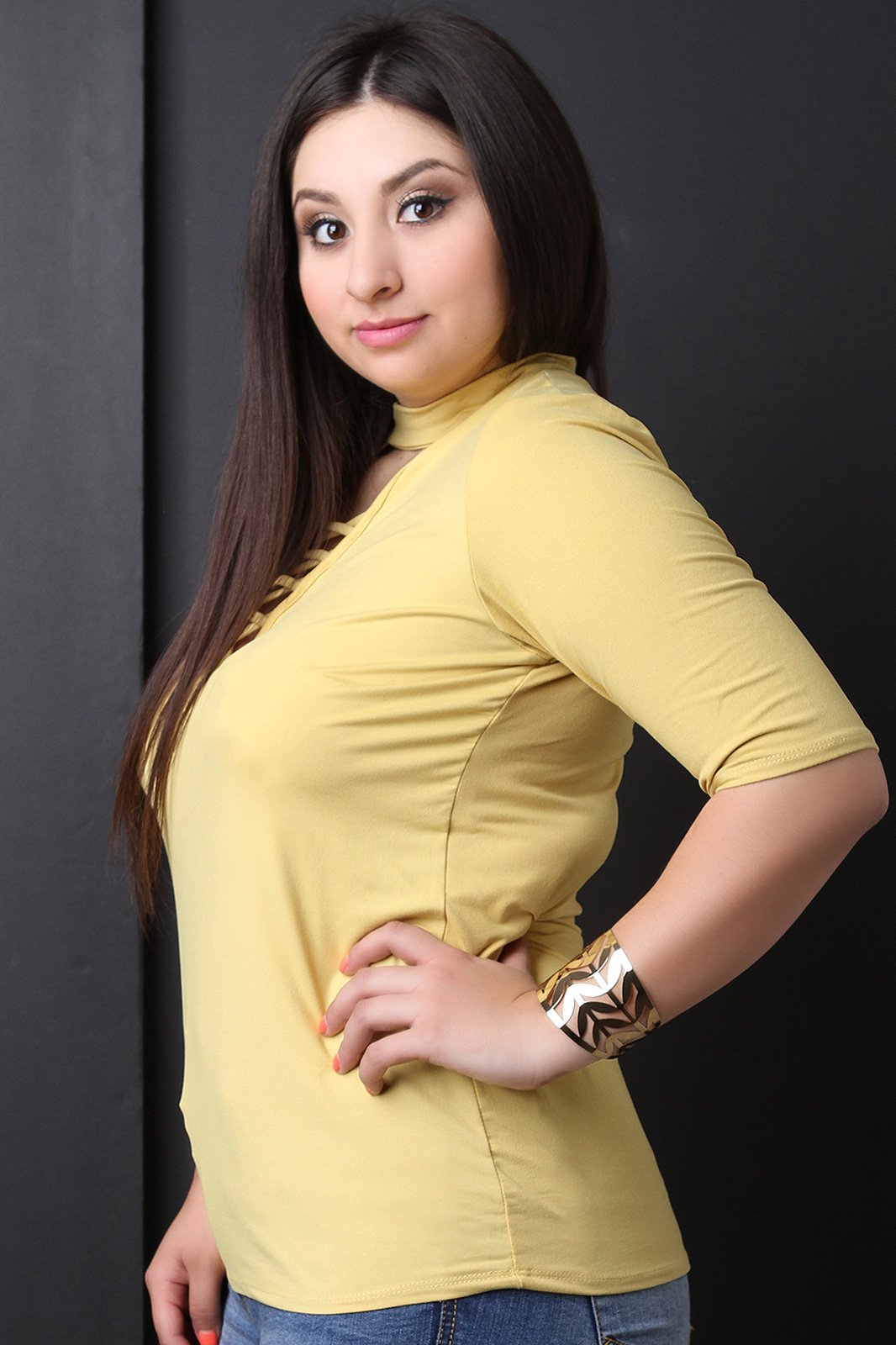 Mock Neck Crisscross Keyhole Elbow Sleeves Top - NoveltyOne