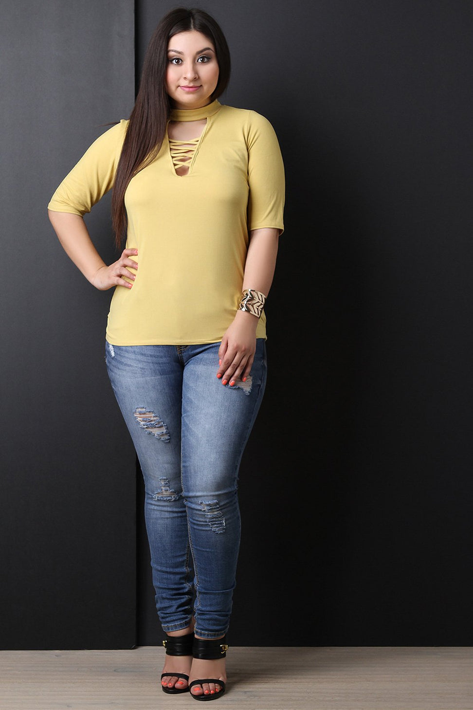 Mock Neck Crisscross Keyhole Elbow Sleeves Top - NoveltyOne