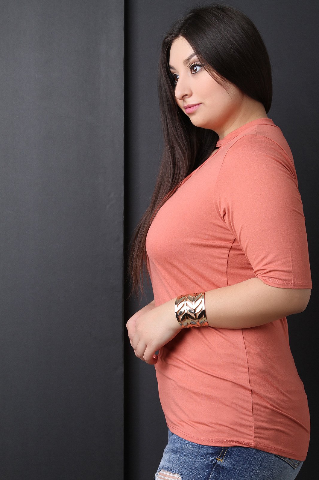 Mock Neck Crisscross Keyhole Elbow Sleeves Top - NoveltyOne