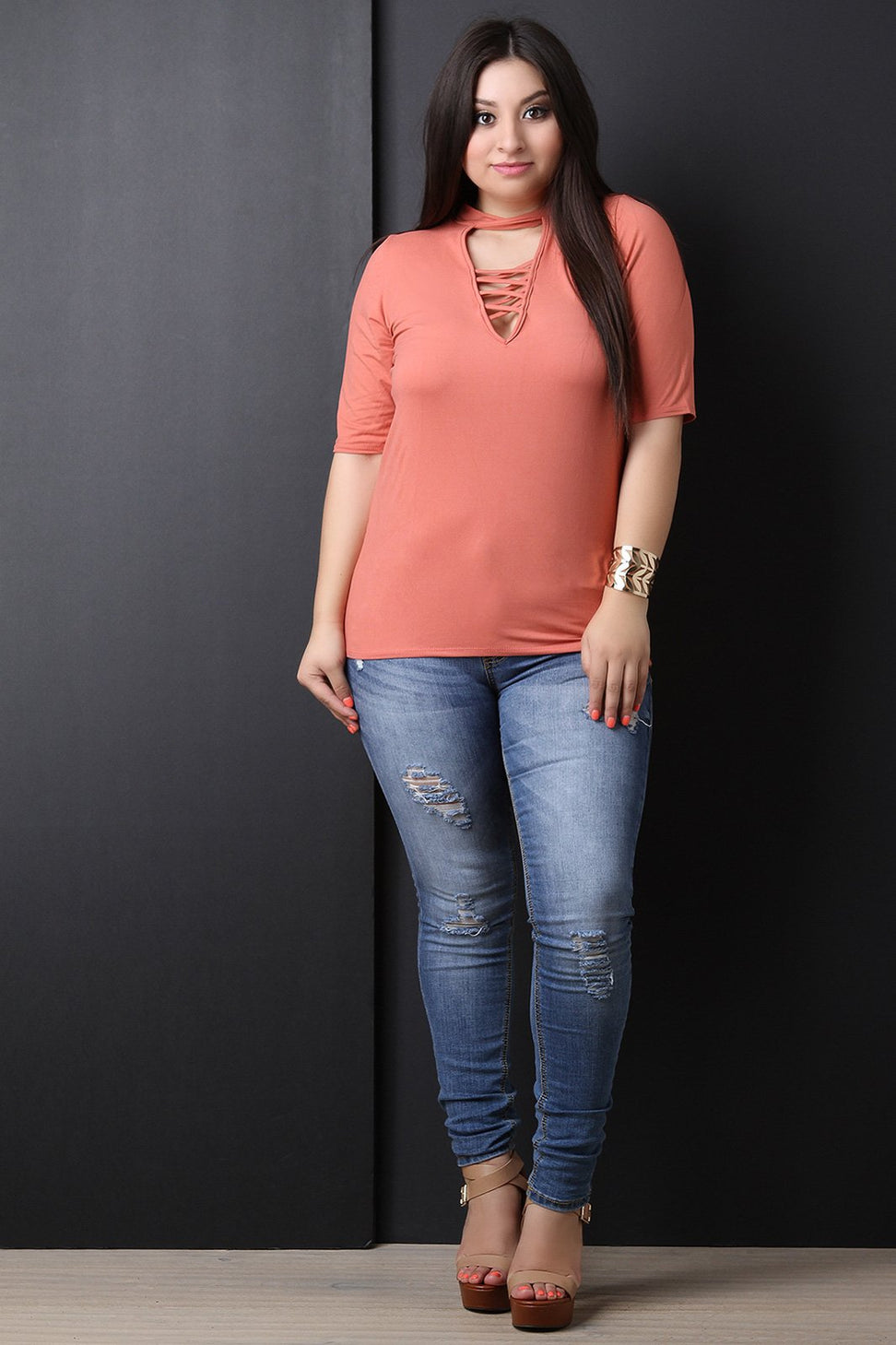 Mock Neck Crisscross Keyhole Elbow Sleeves Top - NoveltyOne