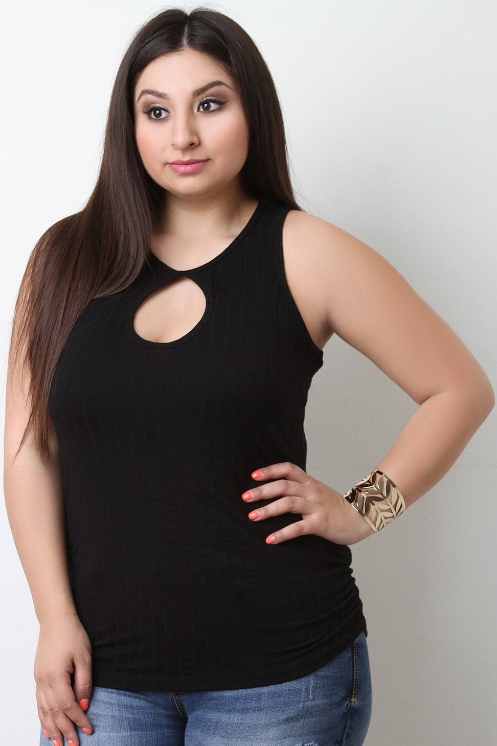 Keyhole-Front Ruched Sleeveless Top