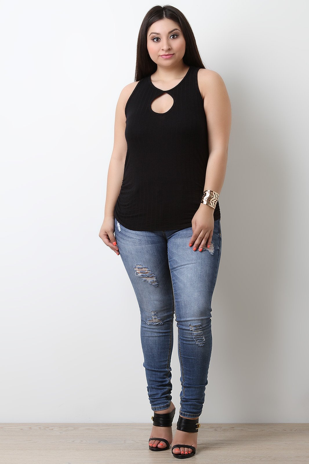 Keyhole-Front Ruched Sleeveless Top