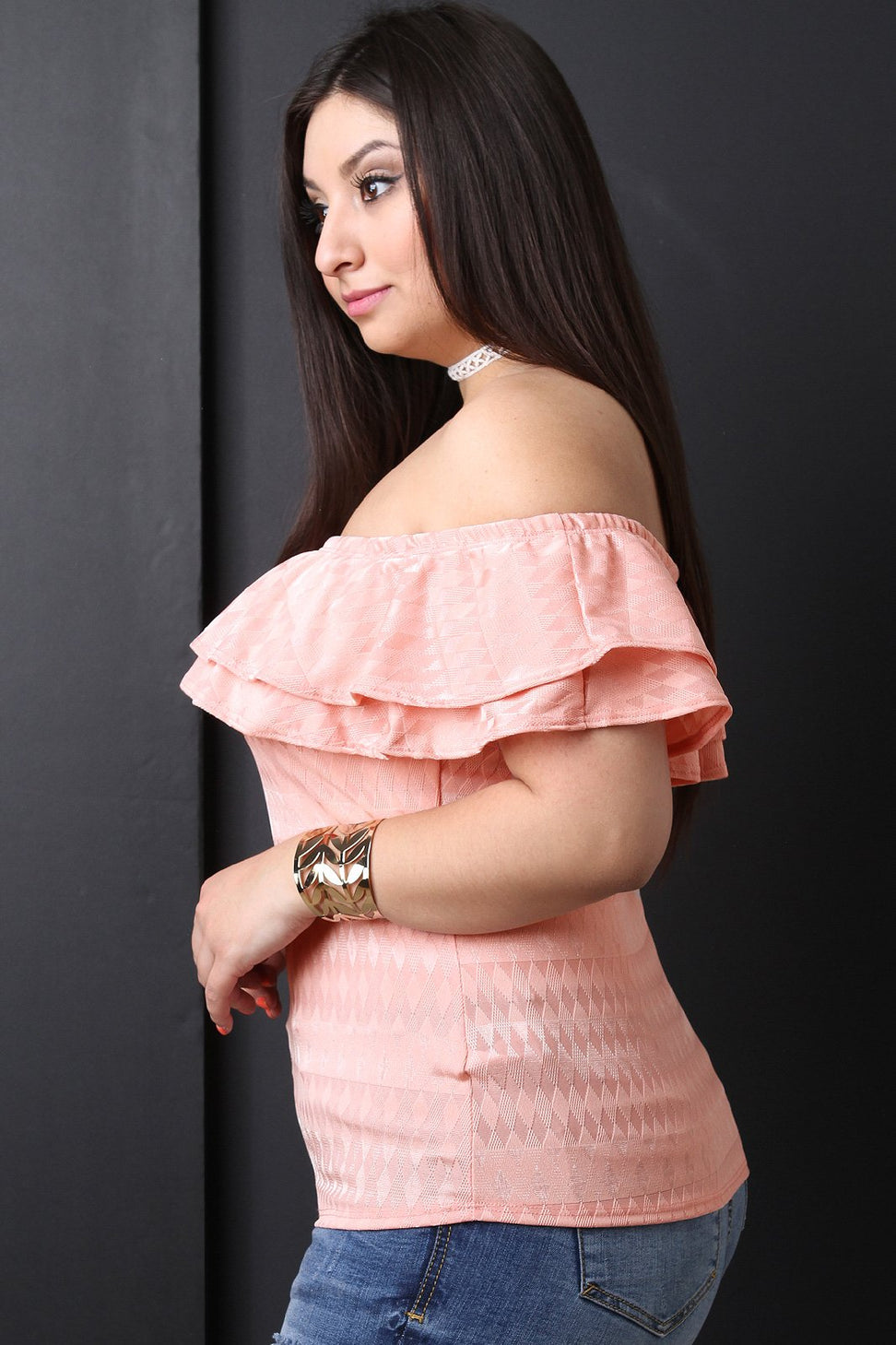 Double Flutter Bardot Diamond Texture Top - NoveltyOne