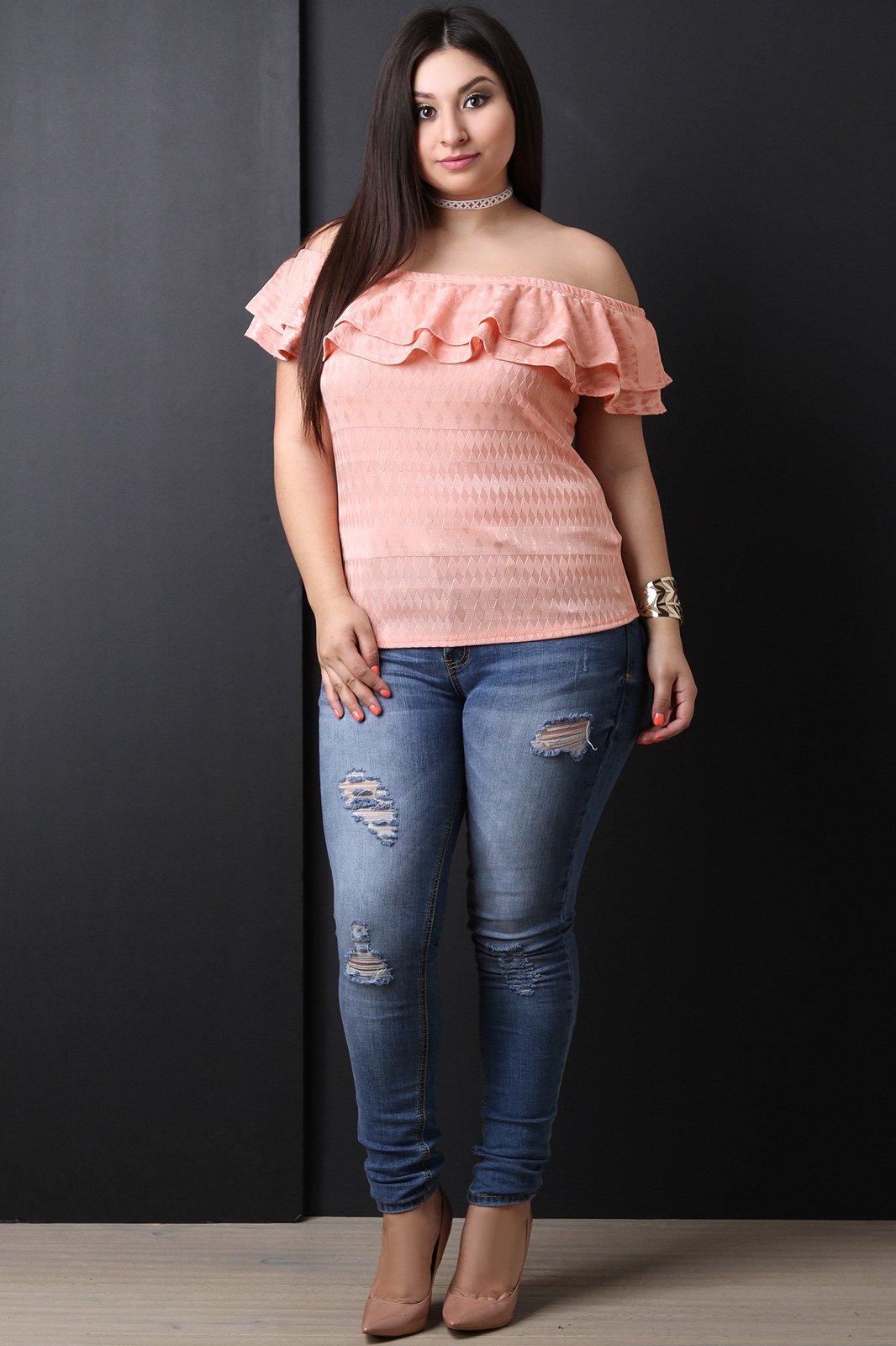 Double Flutter Bardot Diamond Texture Top - NoveltyOne