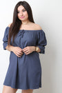 Off The Shoulder Elasticized Sleeve Denim Shift Dress