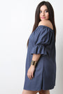 Off The Shoulder Elasticized Sleeve Denim Shift Dress