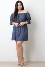 Off The Shoulder Elasticized Sleeve Denim Shift Dress