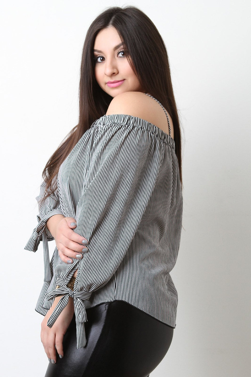 Textured Cold Shoulder Striped Top