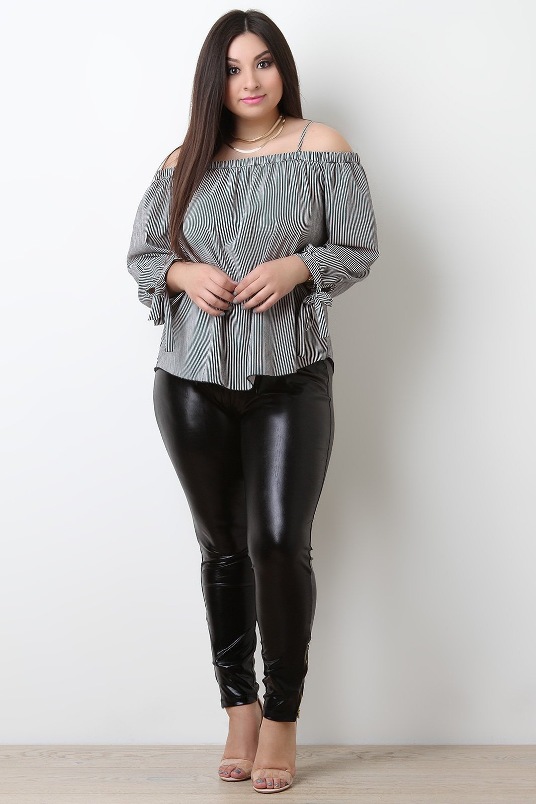 Textured Cold Shoulder Striped Top