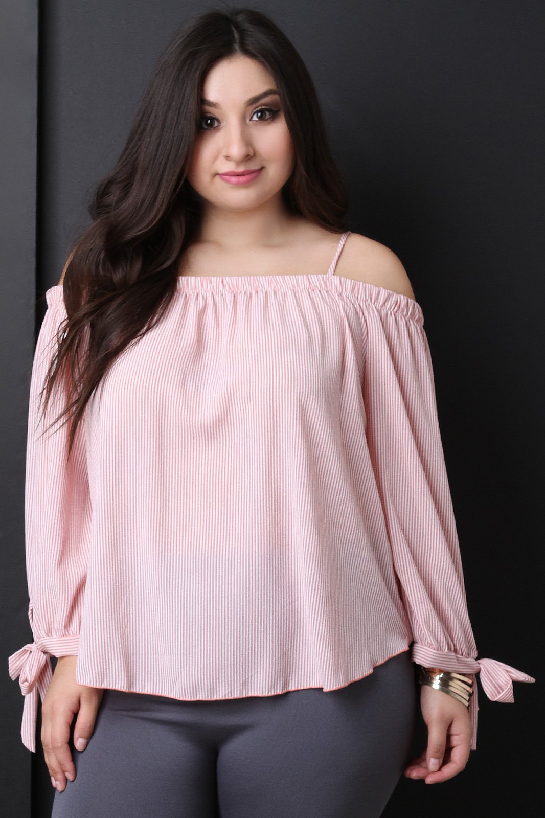 Textured Cold Shoulder Striped Top