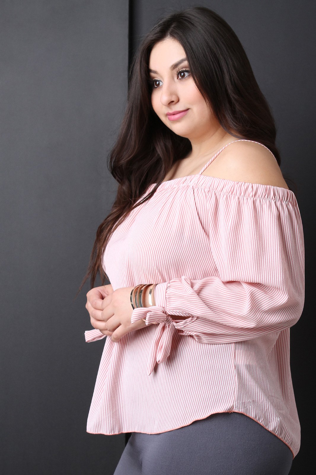 Textured Cold Shoulder Striped Top