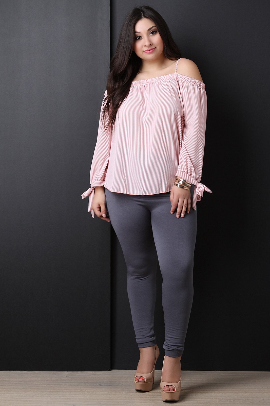 Textured Cold Shoulder Striped Top