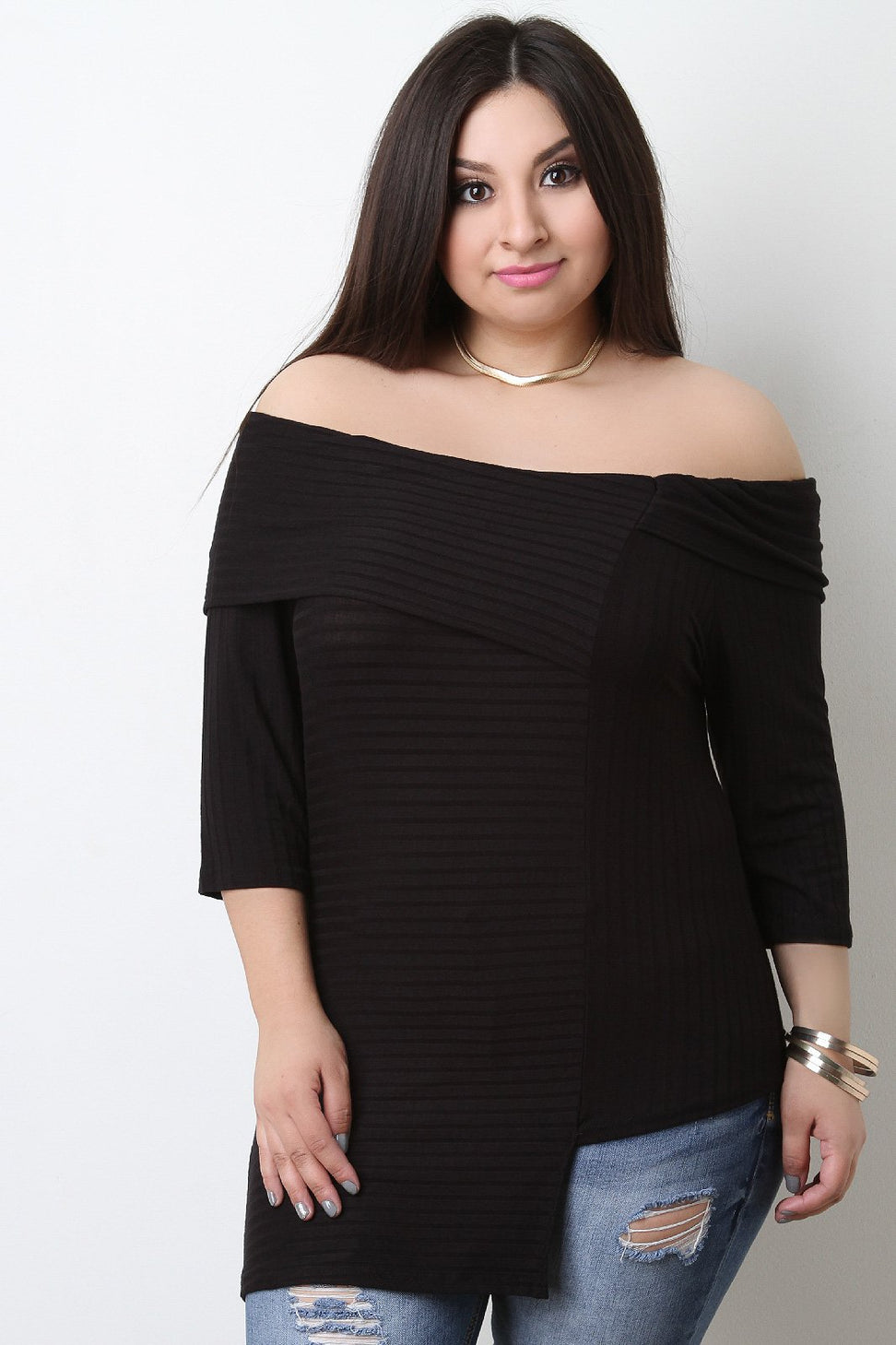 Asymmetrical Off The Shoulder Ribbed Knit Top