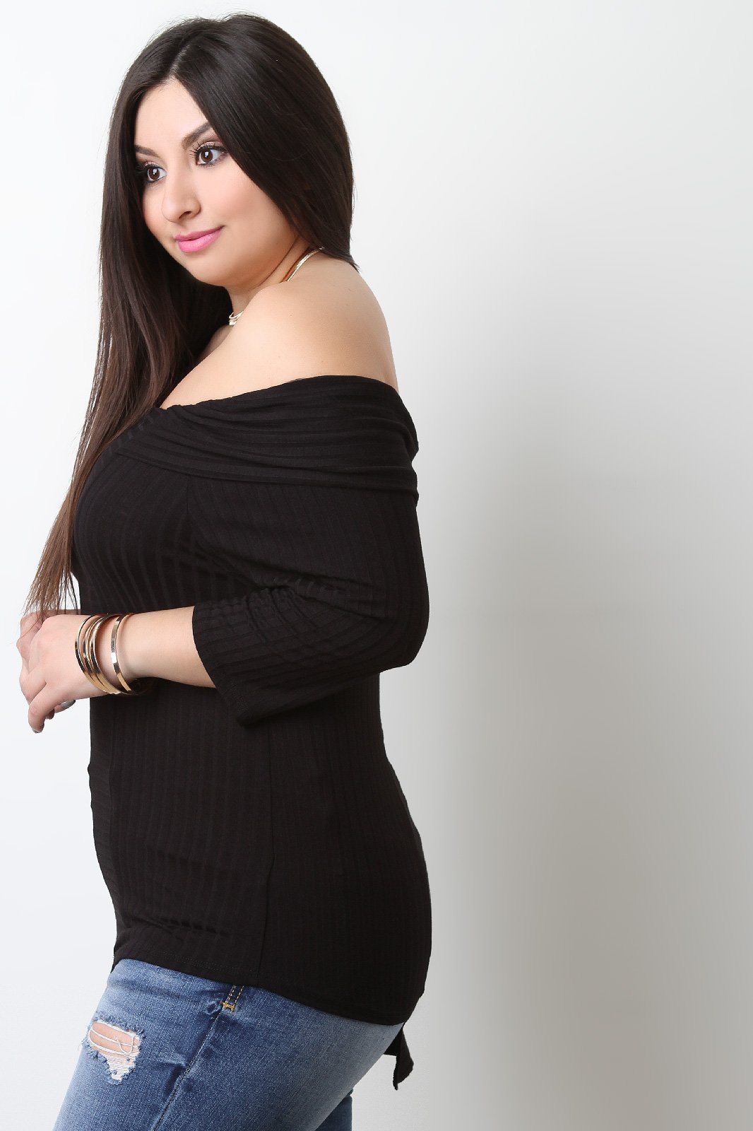 Asymmetrical Off The Shoulder Ribbed Knit Top