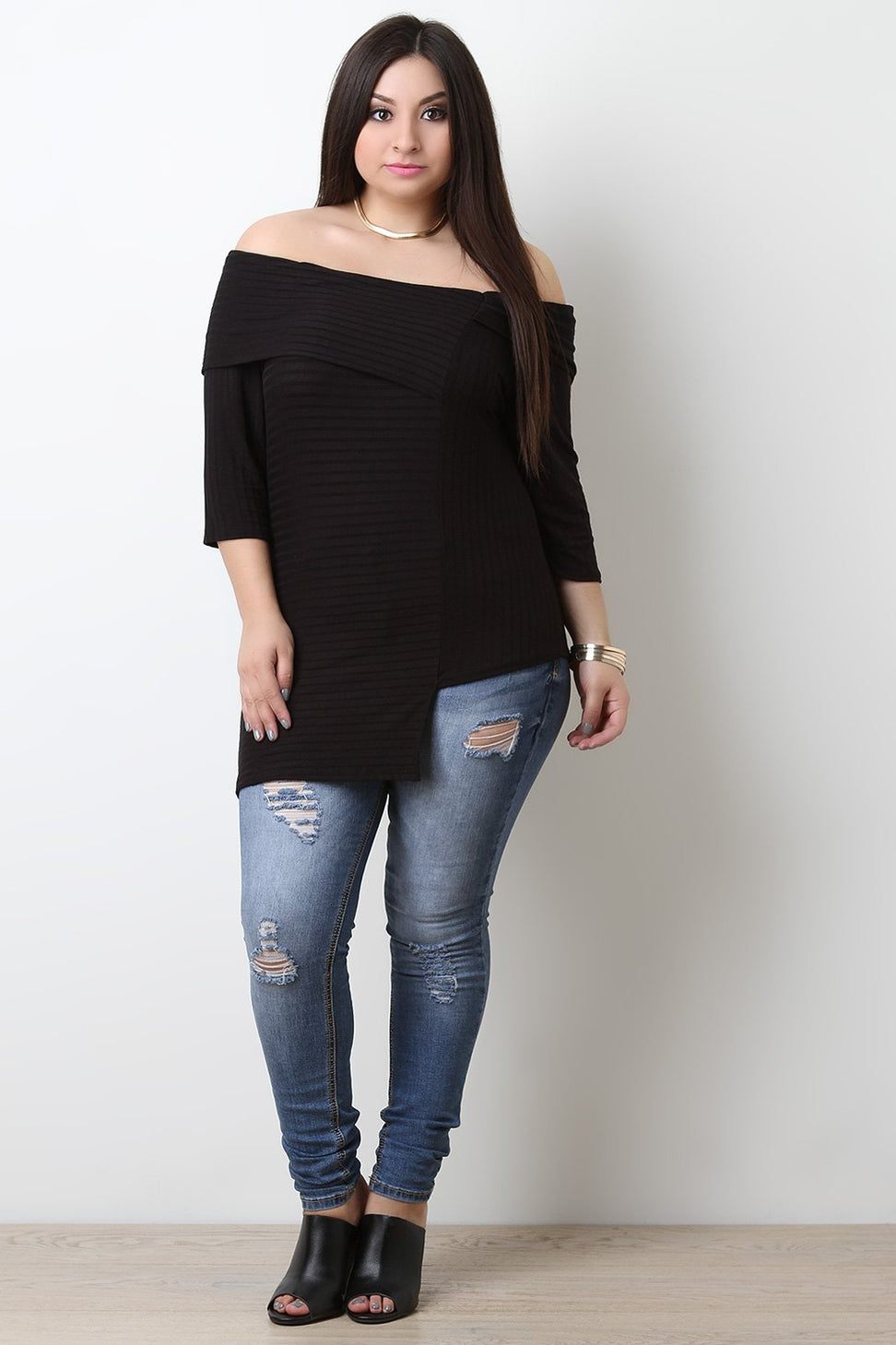 Asymmetrical Off The Shoulder Ribbed Knit Top