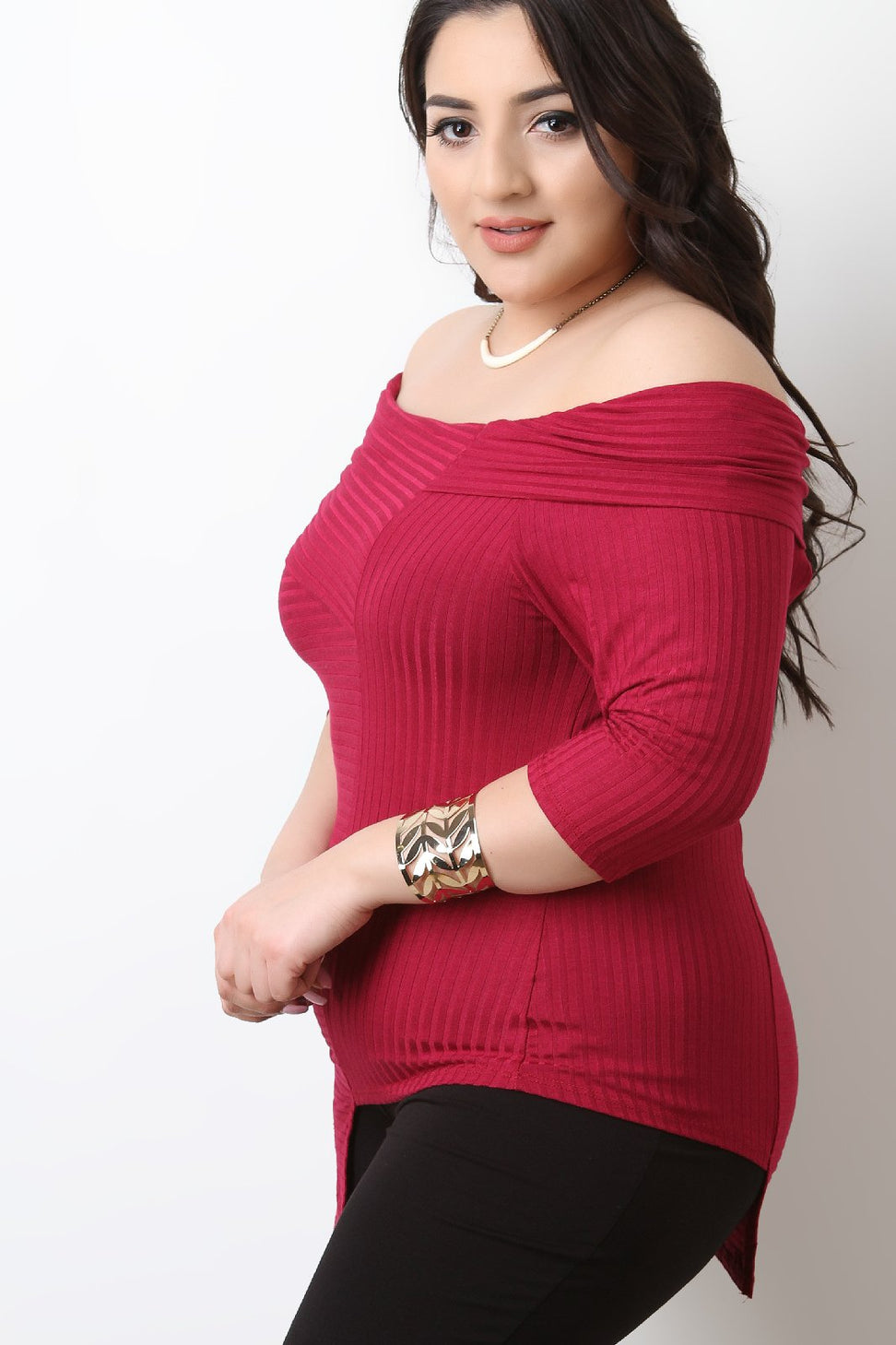 Asymmetrical Off The Shoulder Ribbed Knit Top