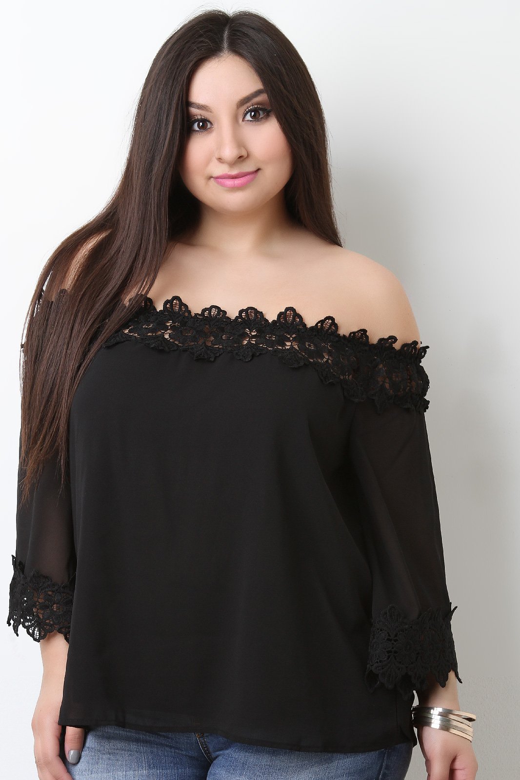 Floral Crochet Trim Chiffon Off-The-Shoulder Peasant Top - NoveltyOne