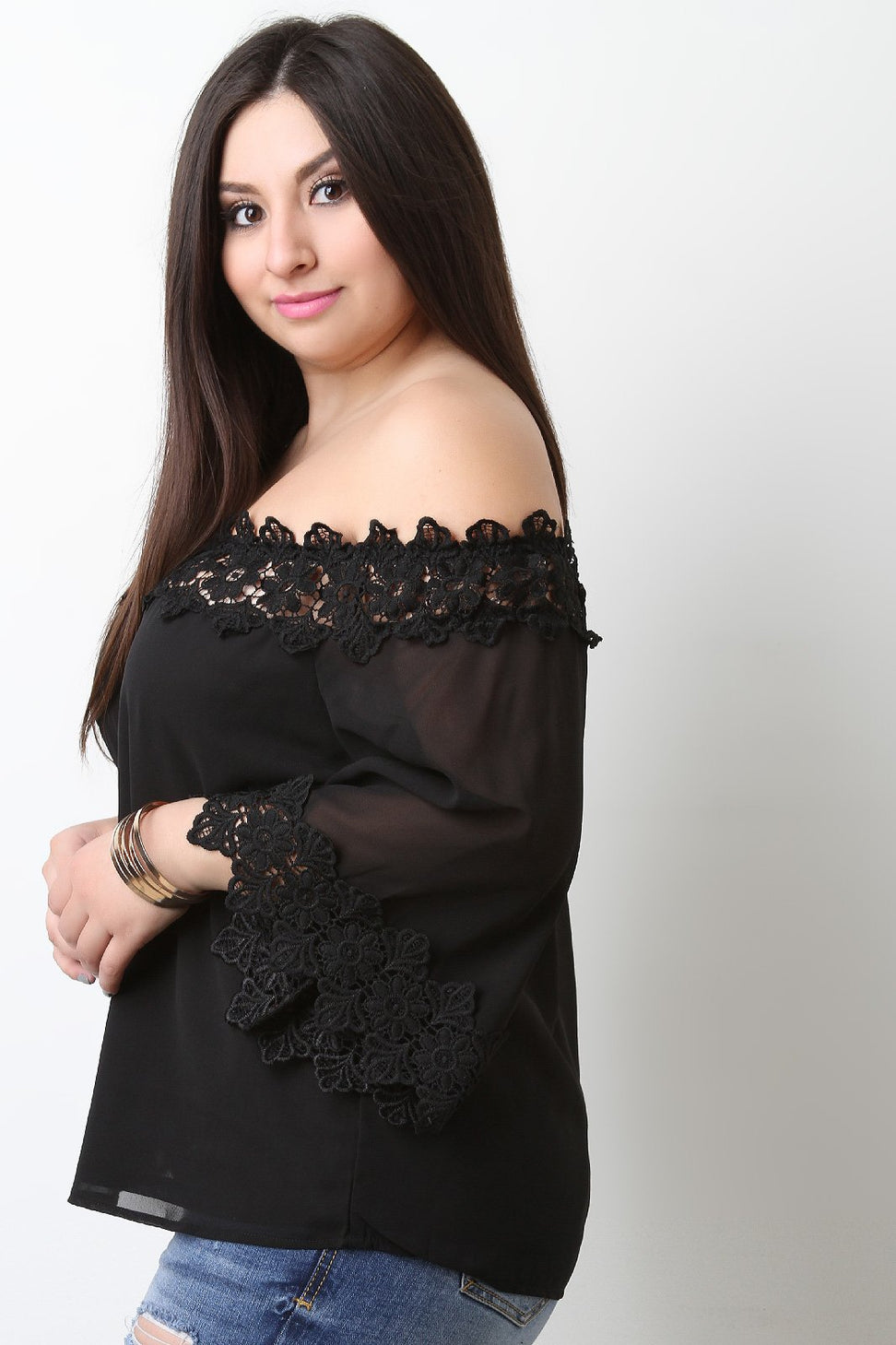 Floral Crochet Trim Chiffon Off-The-Shoulder Peasant Top - NoveltyOne