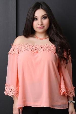 Floral Crochet Trim Chiffon Off-The-Shoulder Peasant Top - NoveltyOne