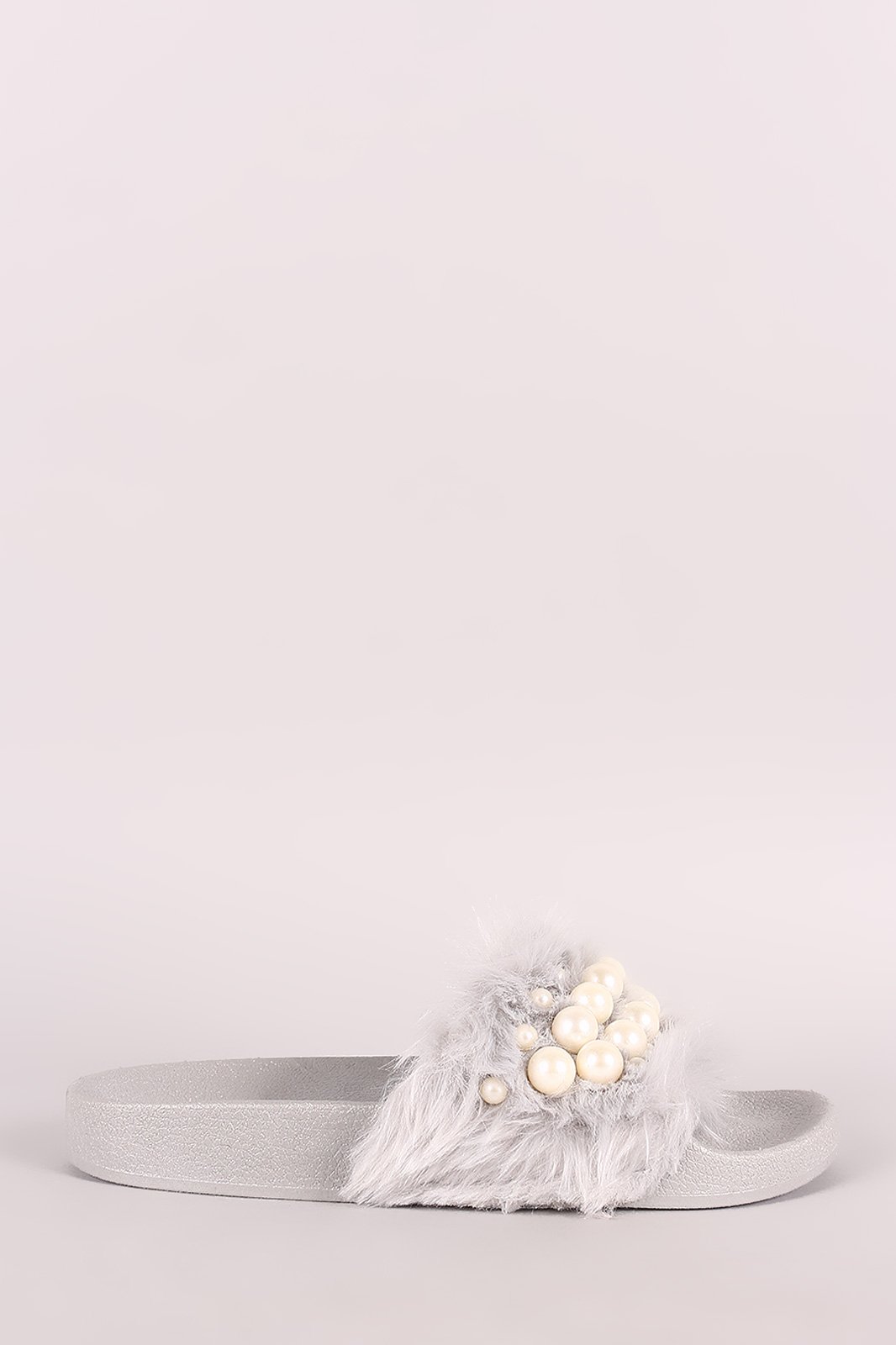 Wild Diva Lounge Faux Pearl Embellished Fur Slide Sandal