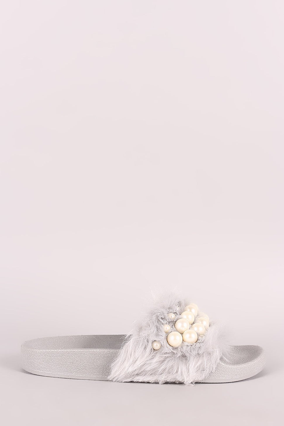 Wild Diva Lounge Faux Pearl Embellished Fur Slide Sandal