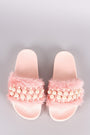 Wild Diva Lounge Faux Pearl Embellished Fur Slide Sandal
