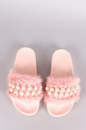 Wild Diva Lounge Faux Pearl Embellished Fur Slide Sandal