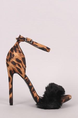 Shoe Republic LA Leopard Faux Fur Accent Ankle Strap Heel