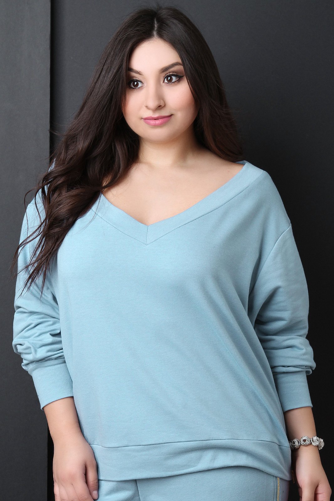 Side Zipper Trim V-Neck Jersey Sweatshirt