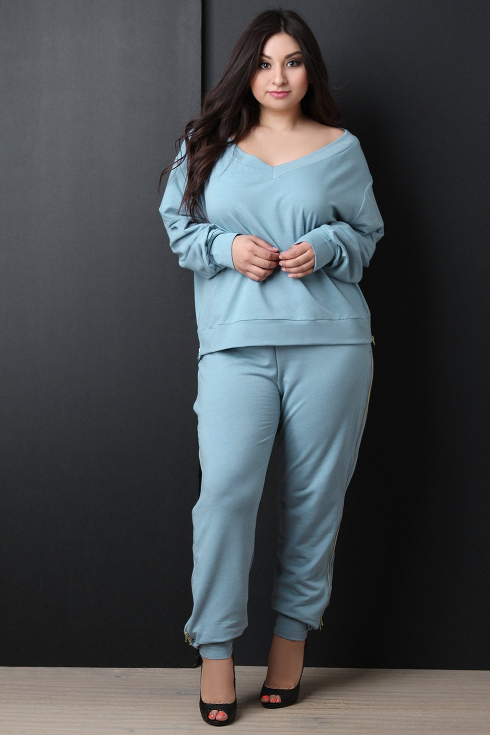 Side Zipper Trim V-Neck Jersey Sweatshirt