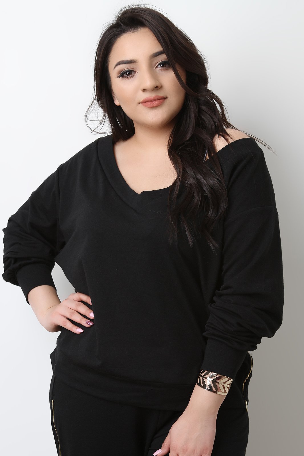 Side Zipper Trim V-Neck Jersey Sweatshirt