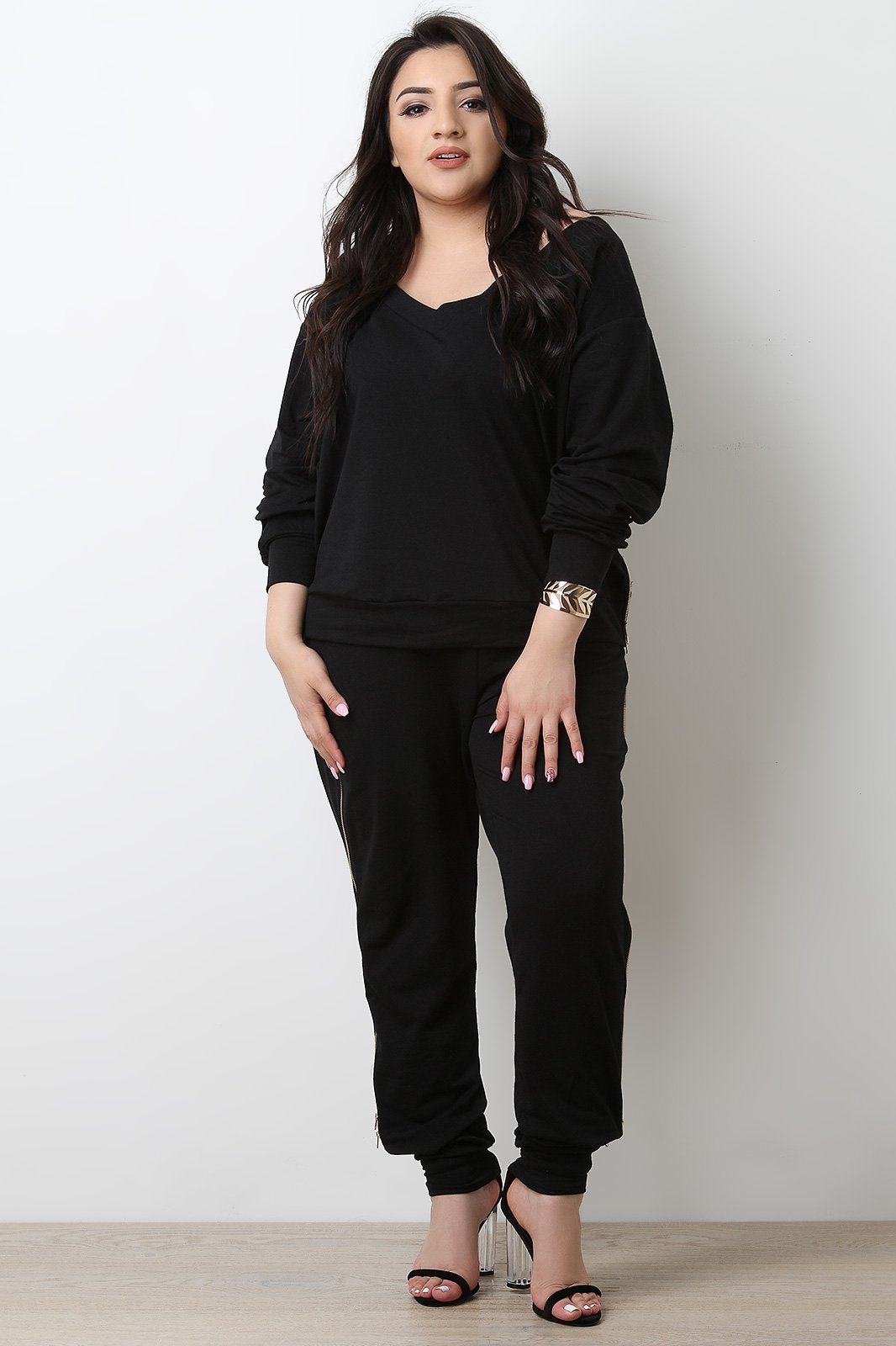 Side Zipper Trim V-Neck Jersey Sweatshirt