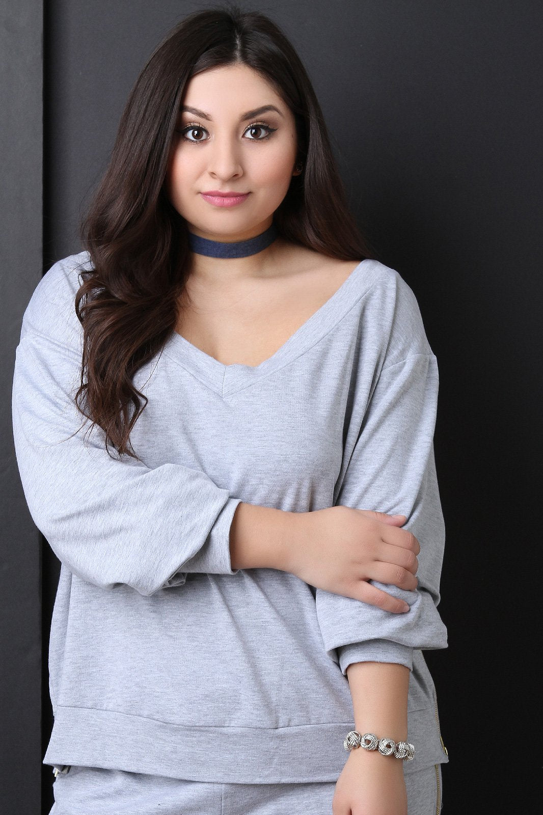 Side Zipper Trim V-Neck Jersey Sweatshirt