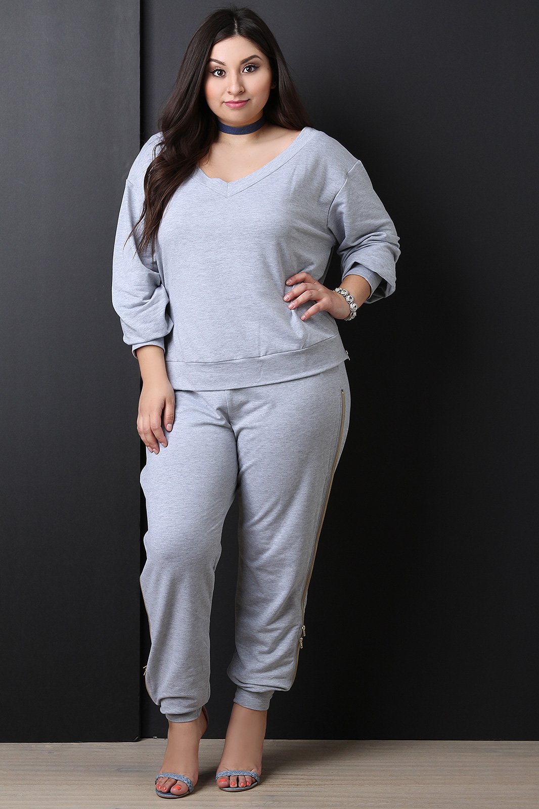 Side Zipper Trim V-Neck Jersey Sweatshirt