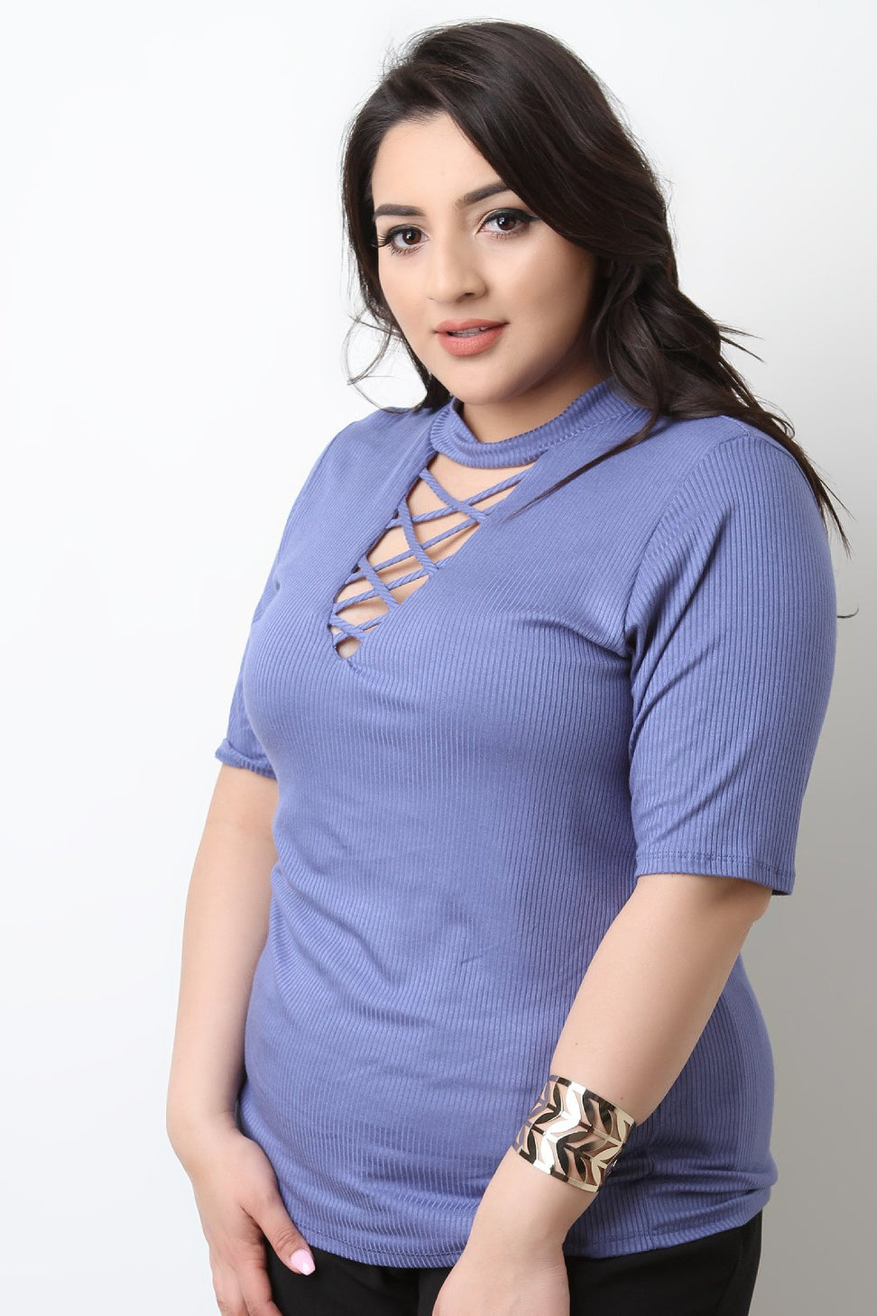 Ribbed Knit Crisscross Yoke Top