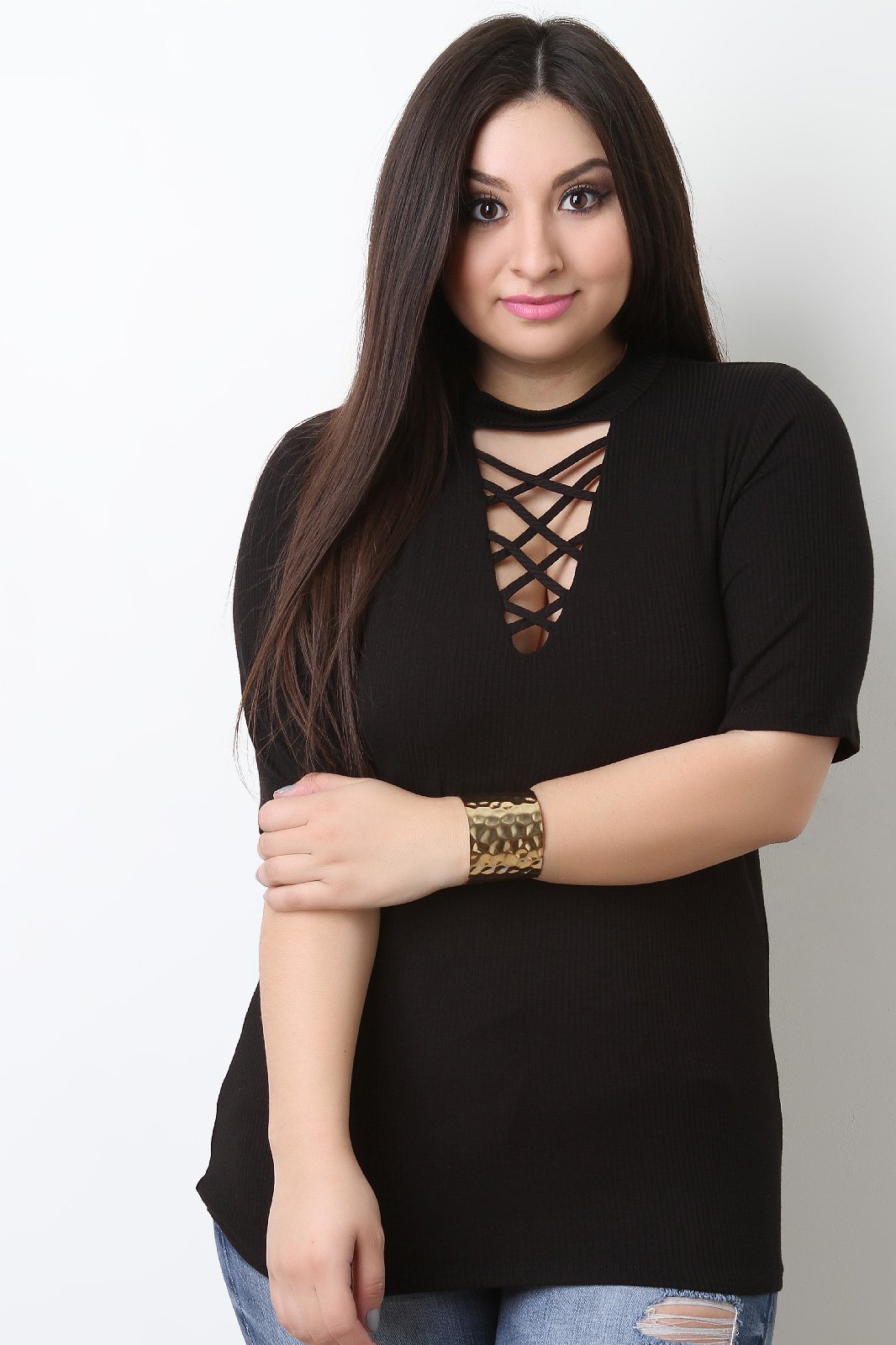 Ribbed Knit Crisscross Yoke Top