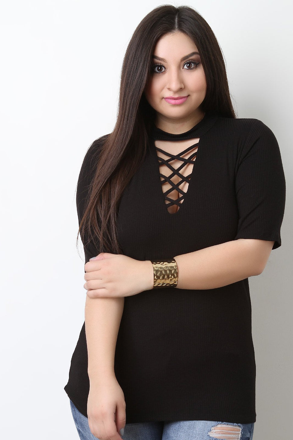 Ribbed Knit Crisscross Yoke Top