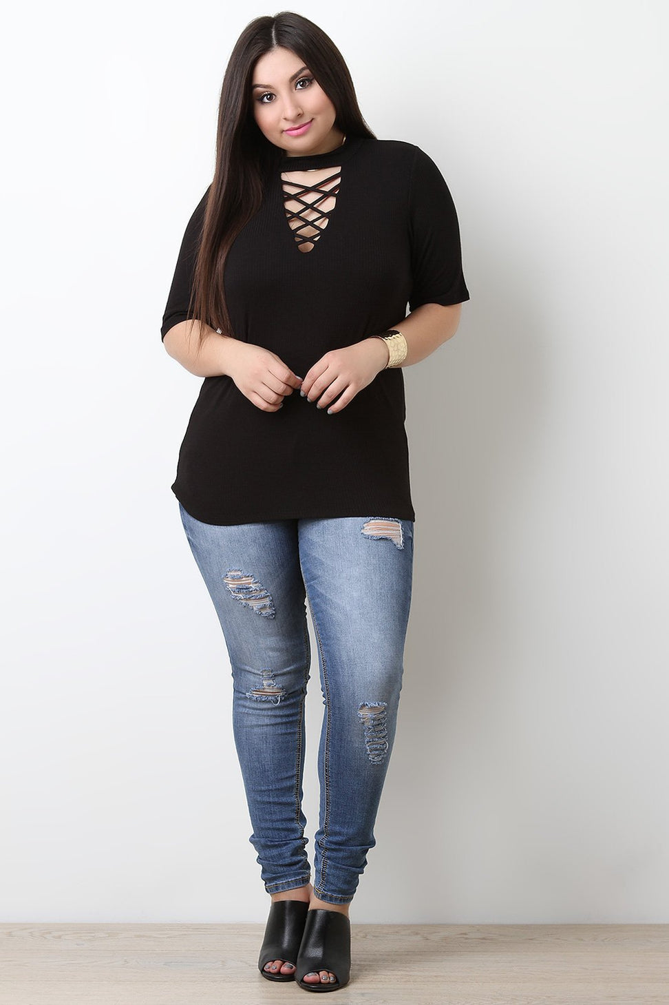 Ribbed Knit Crisscross Yoke Top