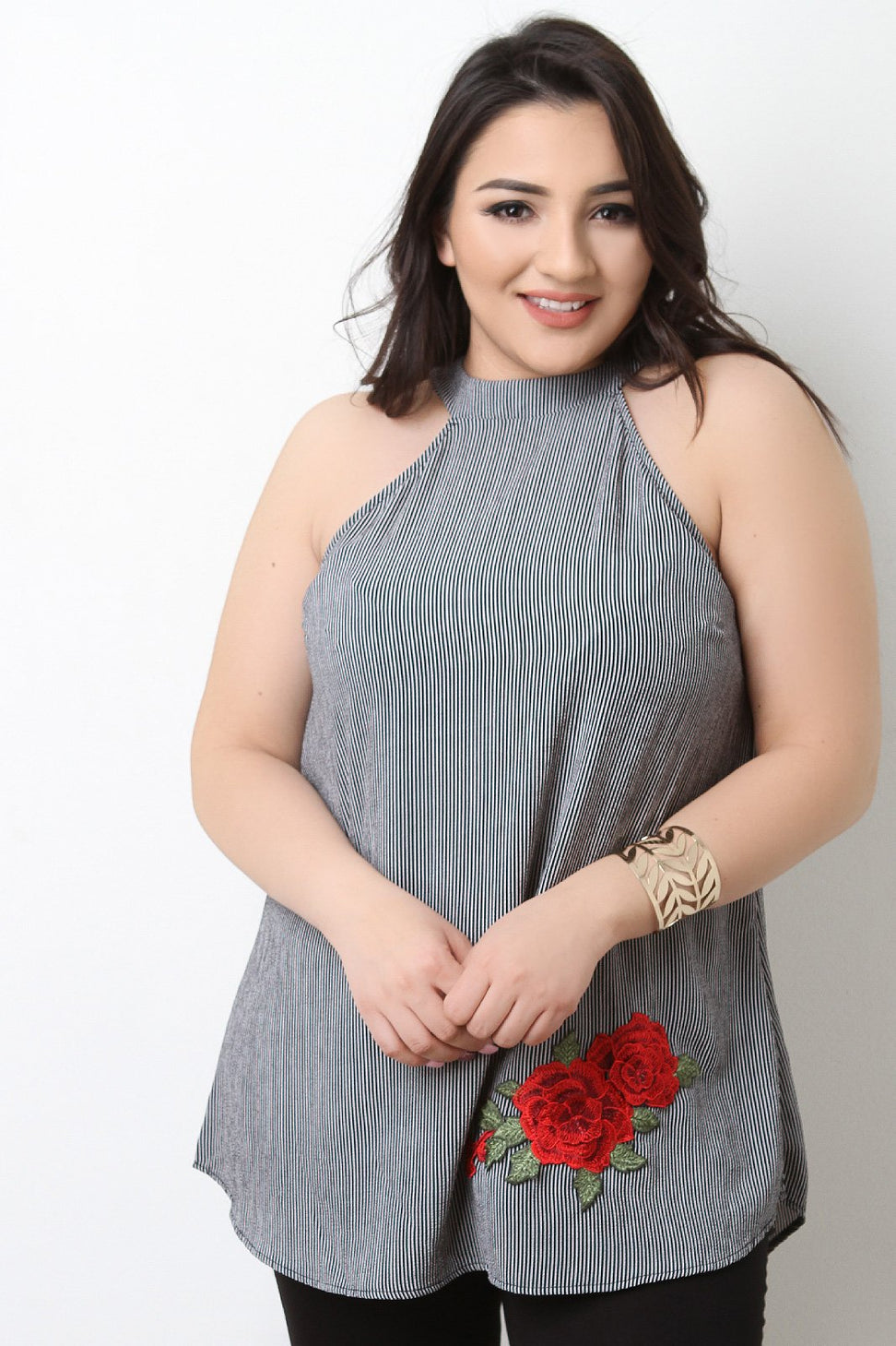 Striped Floral Patch Sleeveless Flowy Top