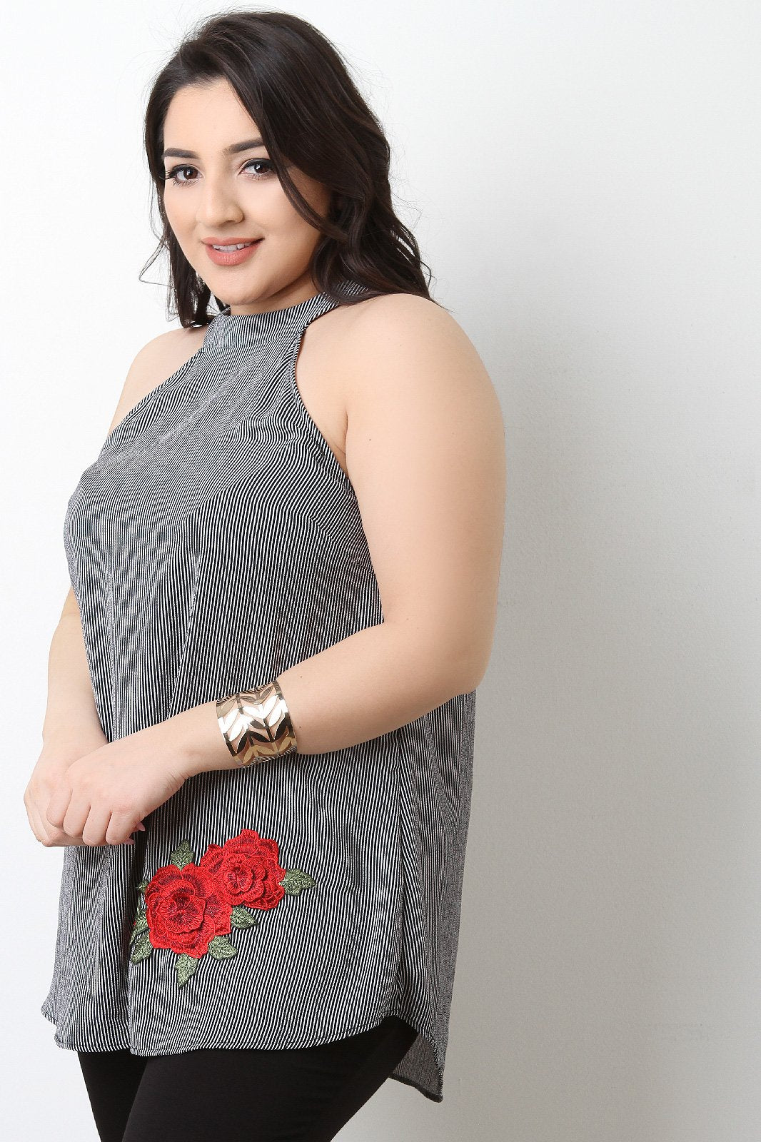 Striped Floral Patch Sleeveless Flowy Top